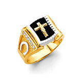 14K Two Tone Gold Onyx Cross Men's CZ Ring