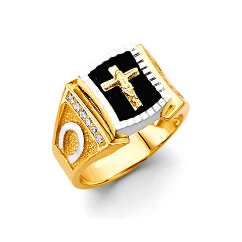 14K Two Tone Gold Onyx Cross Men's CZ Ring