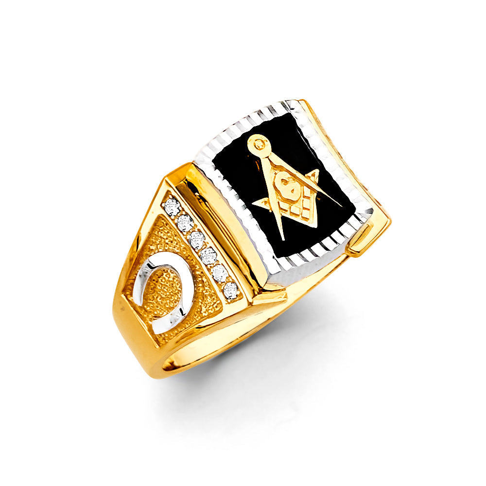 14K Two Tone Gold Onyx Masonic Men's CZ Ring