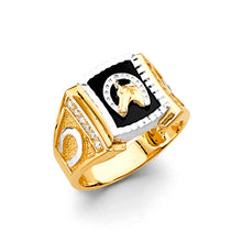 Load image into Gallery viewer, 14K Two Tone Gold Onyx Horse Shoe Men&#39;s CZ Ring