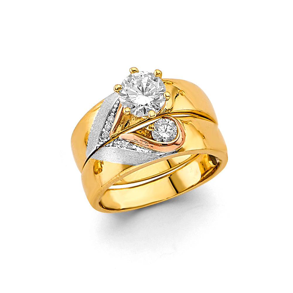 14K Two Tone Gold CZ Engagement Ring Or Trio Set