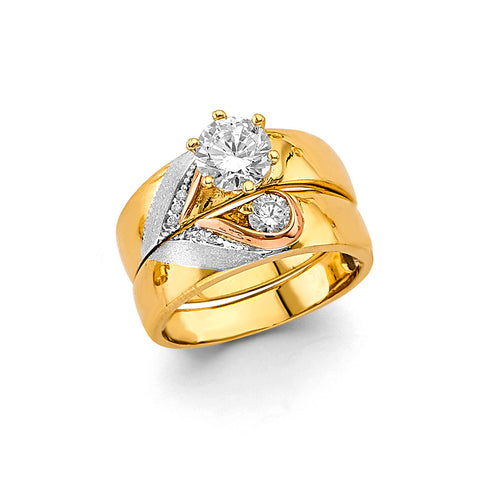 14K Two Tone Gold CZ Engagement Ring Or Trio Set