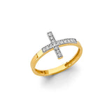 14K Two Tone Gold Side Way Cross CZ Ring