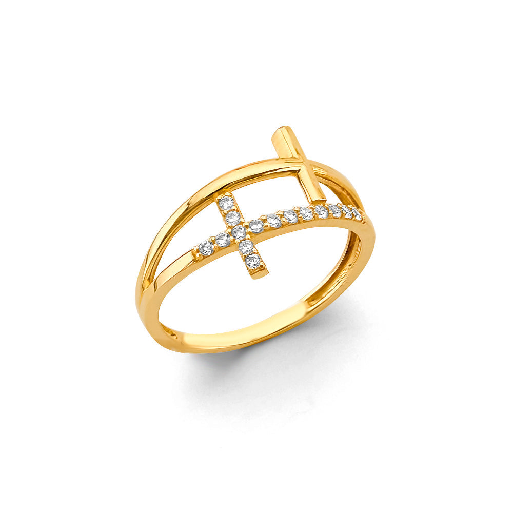 14K Yellow Gold CZ Double Cross Ring