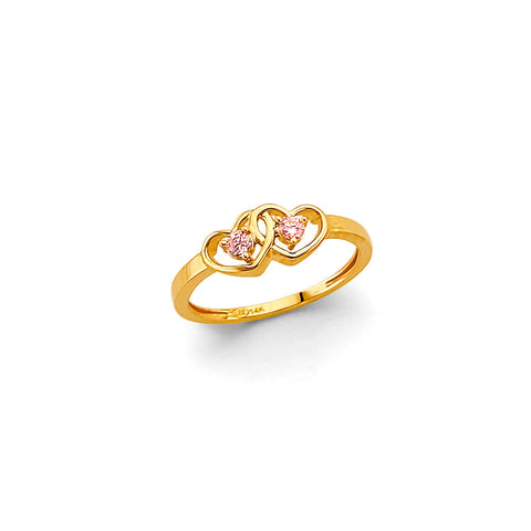 14K Yellow Gold Double Hearts Babies CZ Ring