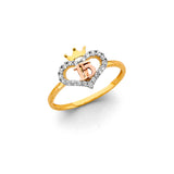 14K Tri Color Gold CZ Heart 15 Years Ring