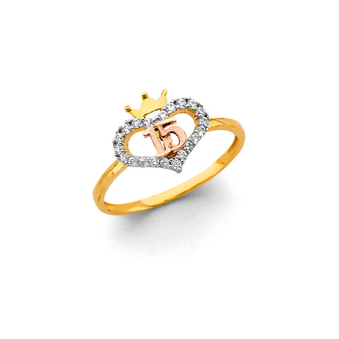 14K Tri Color Gold CZ Heart 15 Years Ring