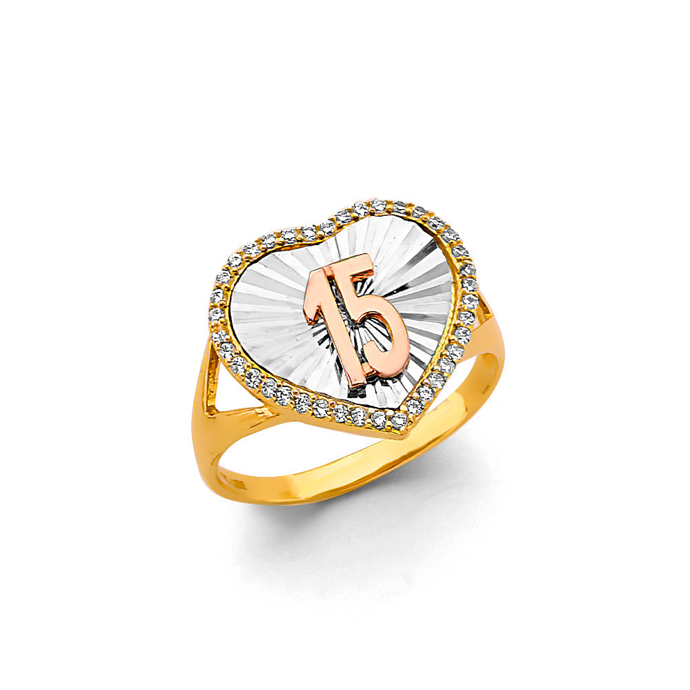 14K Two Tone Gold CZ Heart 15 Years Ring