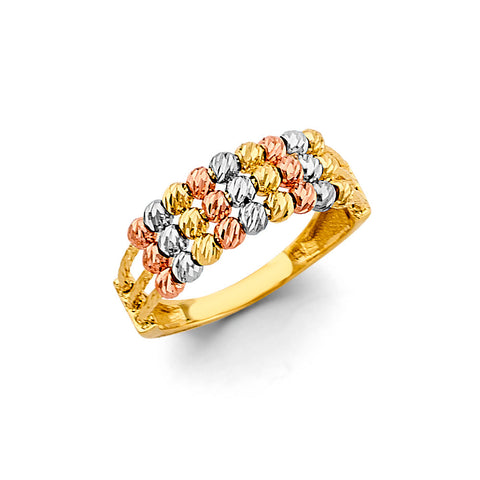 14K Tri Color Gold 3 Line Fancy Ball Ring