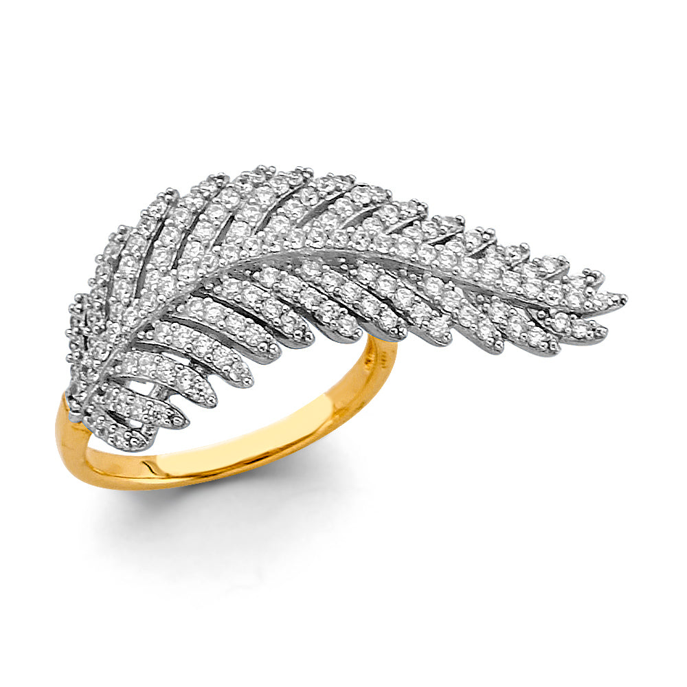 14K Two Tone Gold CZ Feather Ring