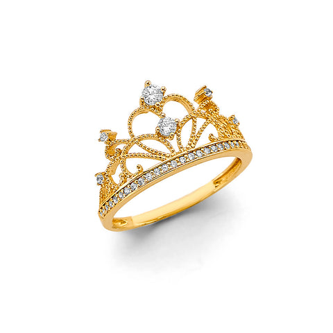 14K Two Tone Gold Heart Crown CZ Ring