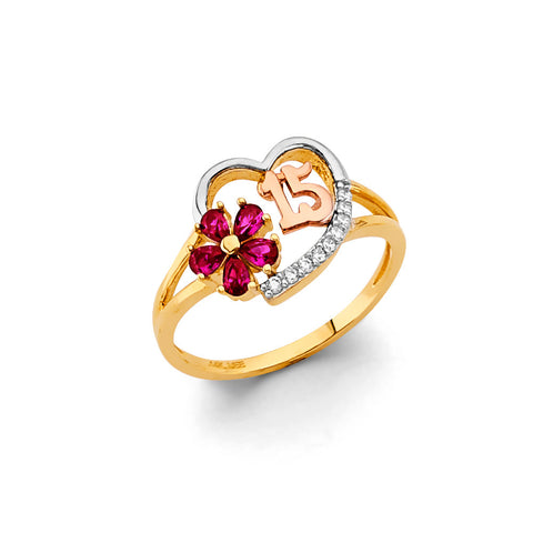 14K Yellow Gold Red CZ Flower 15 Years Ring