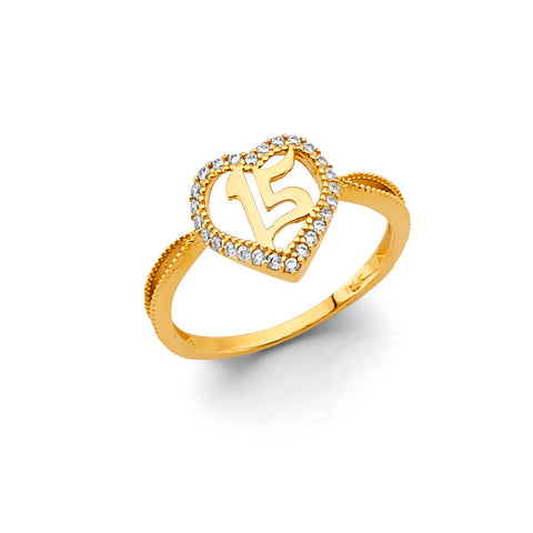 14K Yellow Gold CZ Heart 15 Years Ring