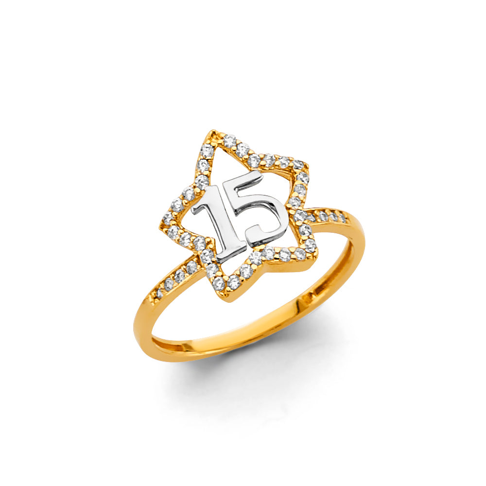 14K Yellow Gold CZ Star 15 Years Ring