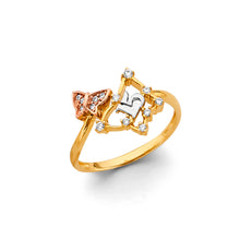 Load image into Gallery viewer, 14K Tri Color Gold CZ Butterfly 15 Years Ring