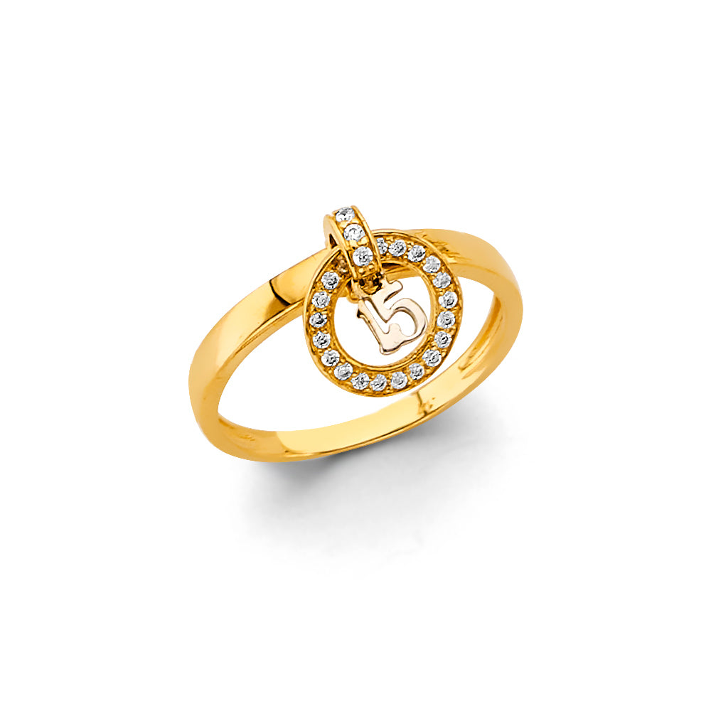 14K Yellow Gold CZ Hanging Circle 15 Years Ring