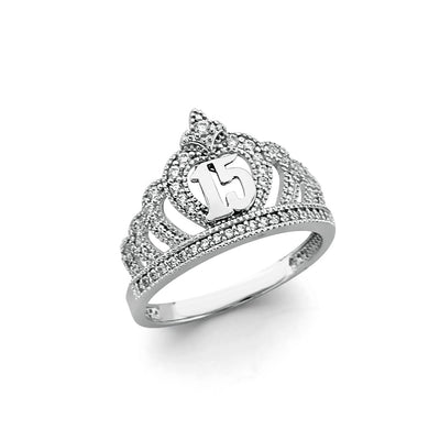 14K White Gold CZ Crown 15 Years Ring
