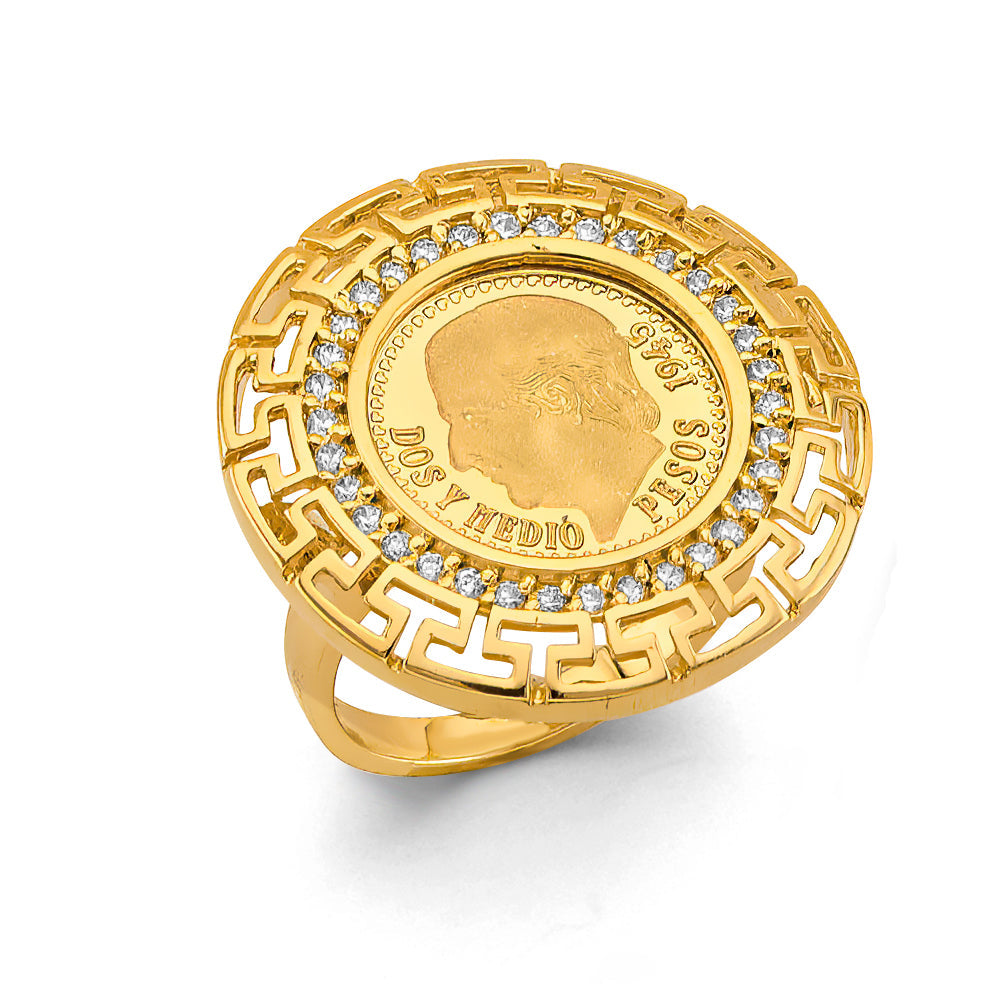 14K Yellow Gold CZ Greek 2.5 Pesos Coin Ring Or Set