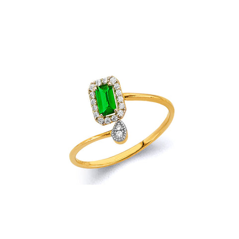 14K Two Tone Gold Emerald CZ May Birth Stone Ring