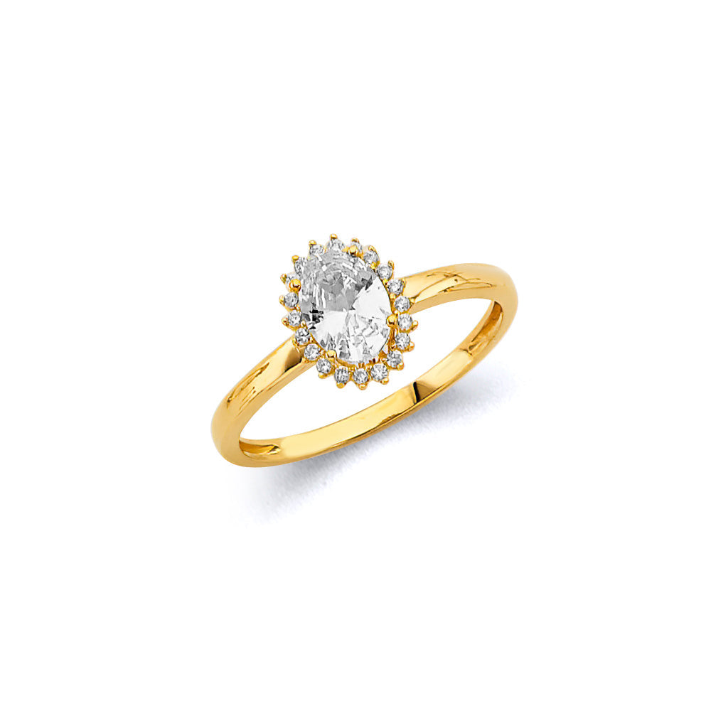 14K Yellow Gold Clear CZ Oval April Birth Stone Ring