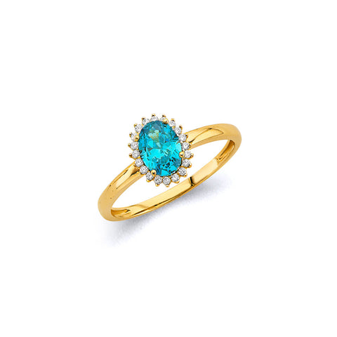 14K Yellow Gold Turquoise CZ Oval December Birth Stone Ring