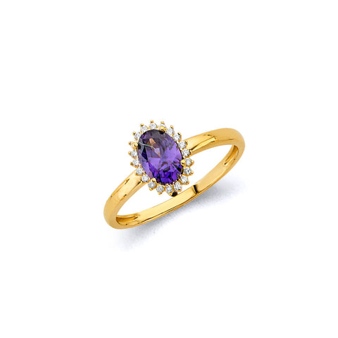 14K Yellow Gold Deep Blue CZ Oval February Birth Stone Ring