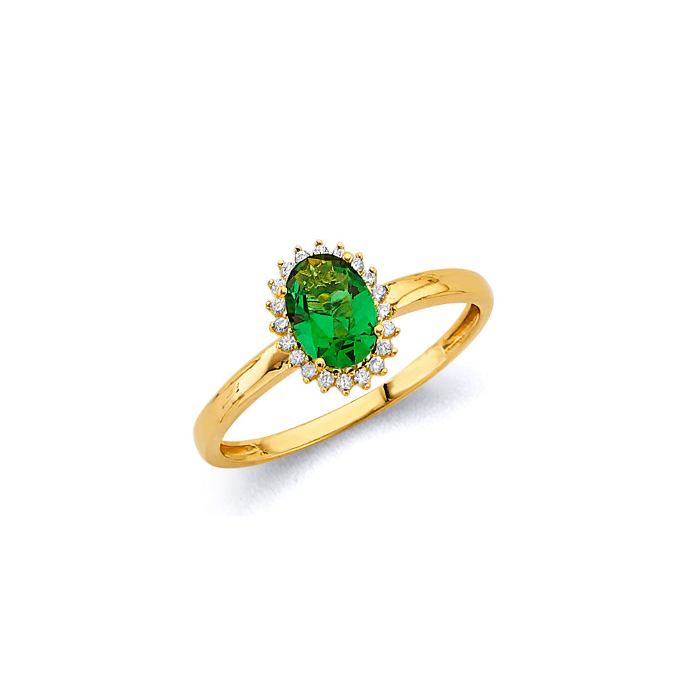 14K Yellow Gold Emerald CZ Oval May Birth Stone Ring