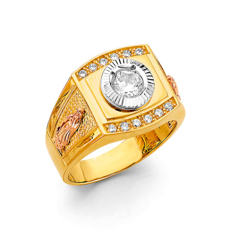 14K Tri Color Gold Round CZ Men's Ring