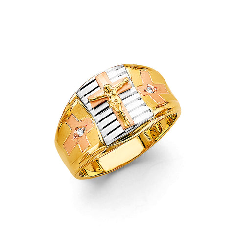 14K Tri Color Gold Cross Men's CZ Ring