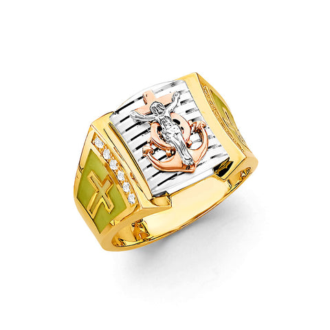 14K Tri Color Gold Anchor Men's CZ Ring