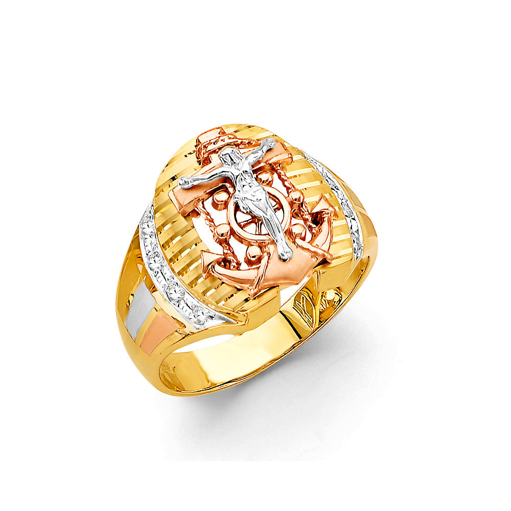 14K Tri Color Gold Anchor CZ Men's Ring