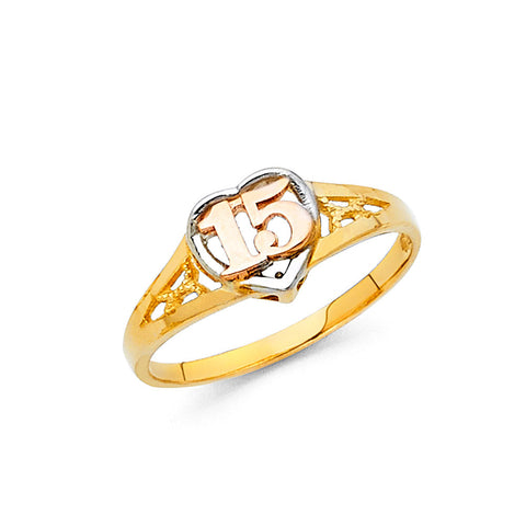 14K Tri Color Gold Heart 15 Years Ring