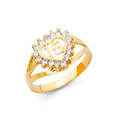 14K Yellow Gold Heart 15 Years CZ Ring