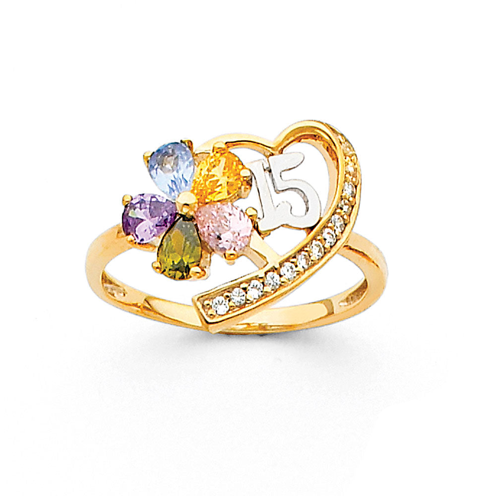 14K Two Tone Gold Heart 15 Years CZ Ring