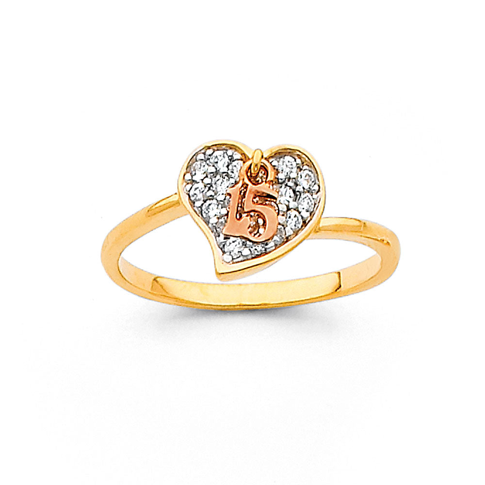 14K Two Tone Gold 15 Years Heart CZ Ring