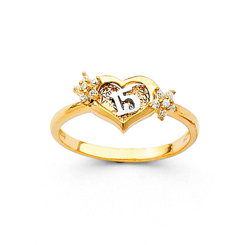 14K Two Tone Gold 7mm 15 Years Heart CZ Ring