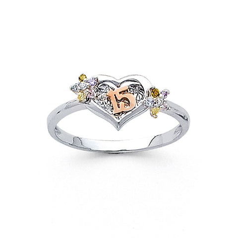 14K White Gold 15 Years Heart CZ Ring