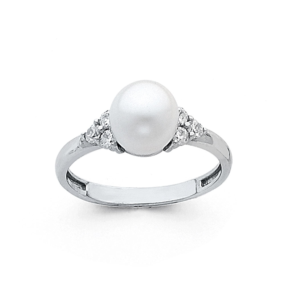 14K White Gold Pearl CZ Ring