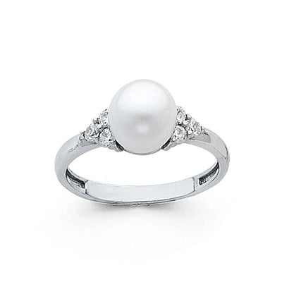 14K White Gold Pearl CZ Ring
