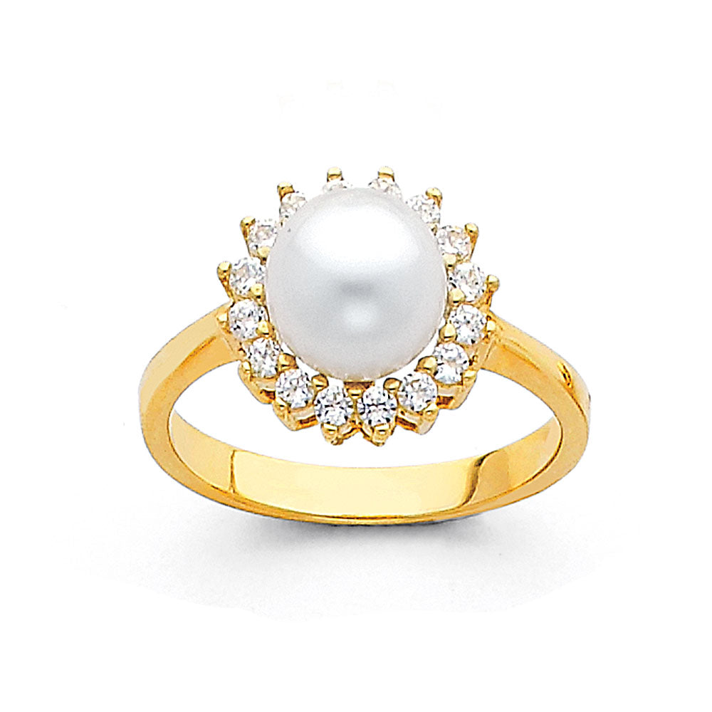 14K Yellow Gold Pearl CZ Ring