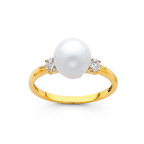 14K Yellow Gold Round Pearl CZ Ring