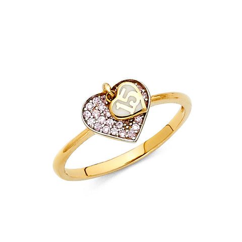 14K Two Tone Gold Double Hearts 15 Years CZ Ring