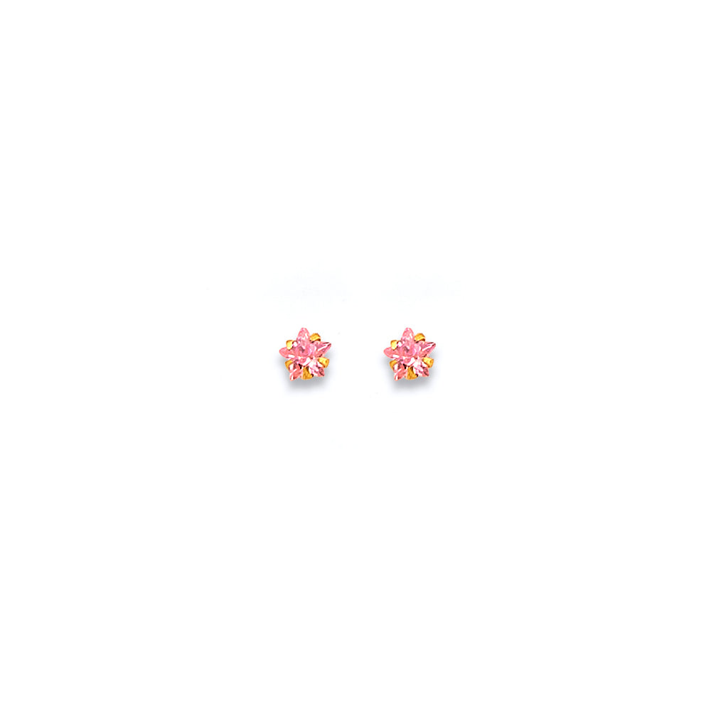 14K Yellow Gold 3mm Pink Star CZ Stamp Stud Earrings With Screw Back