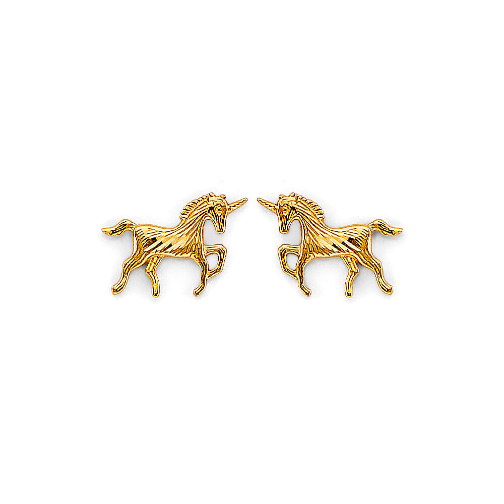 14K Yellow Gold Unicorn Stud Earrings With Screw Back