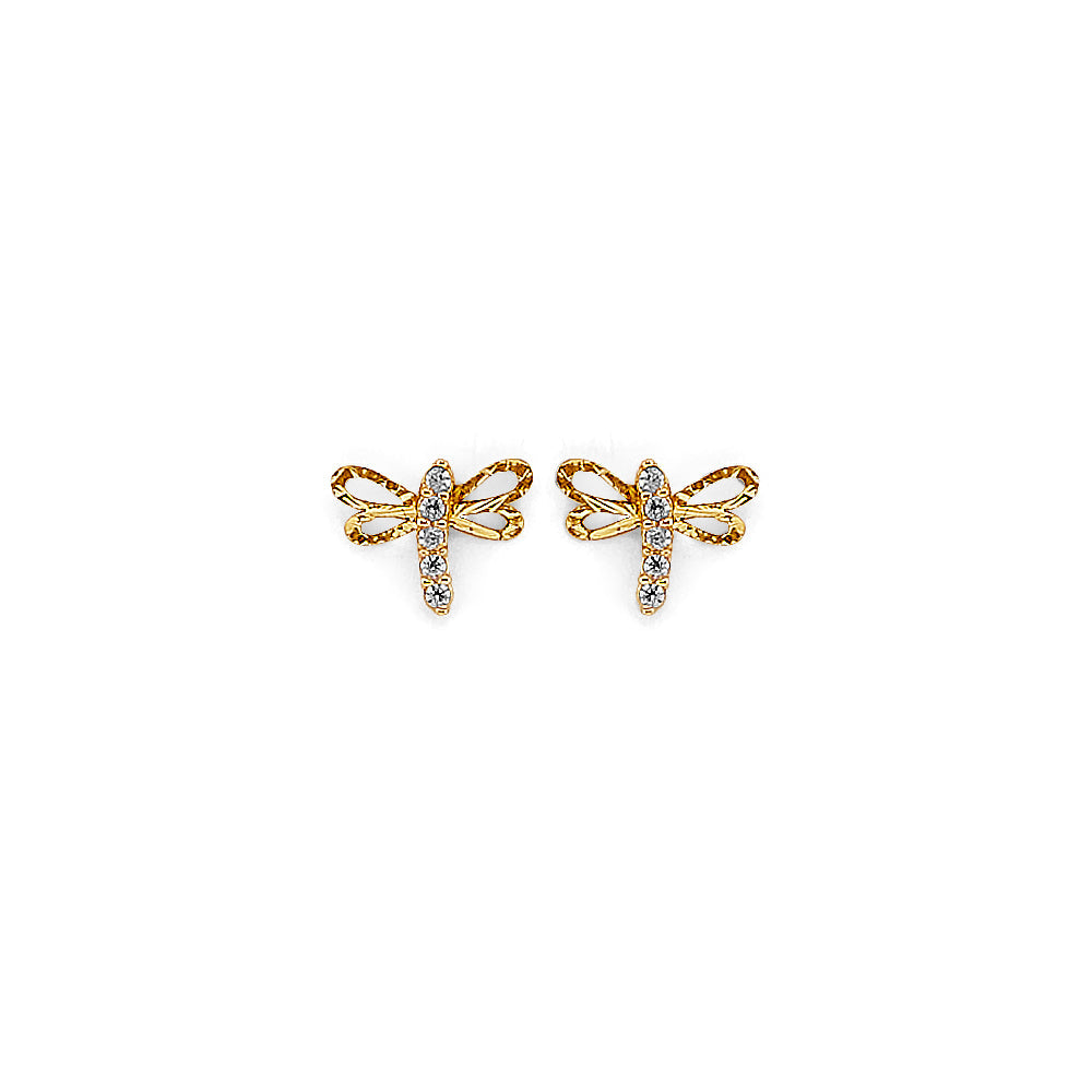 14K Yellow Gold Dragonfly CZ Stud Earrings With Screw Back