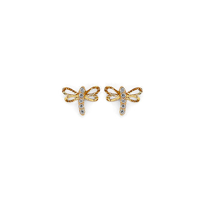 14K Yellow Gold Dragonfly CZ Stud Earrings With Screw Back