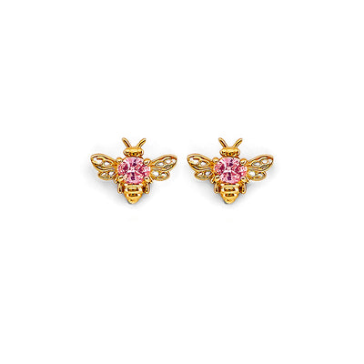 14K Yellow Gold Bee CZ Stud Earrings With Screw Back