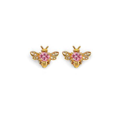 14K Yellow Gold Bee CZ Stud Earrings With Screw Back