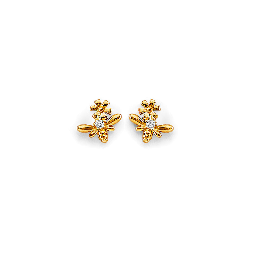 14K Yellow Gold CZ Bee Stud Earrings With Screw Back