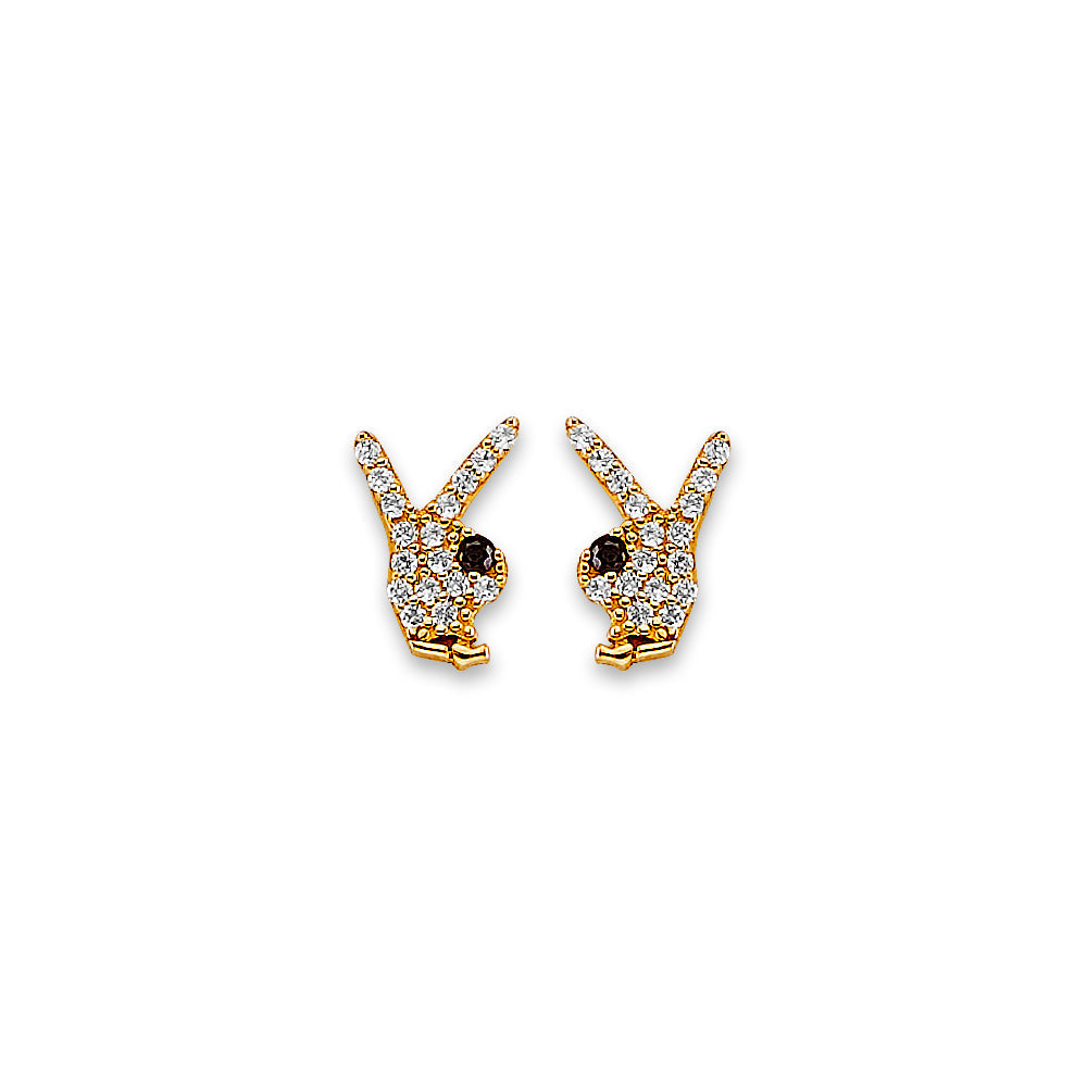 14K Yellow Gold Rabbit CZ Stud Earrings With Screw Back